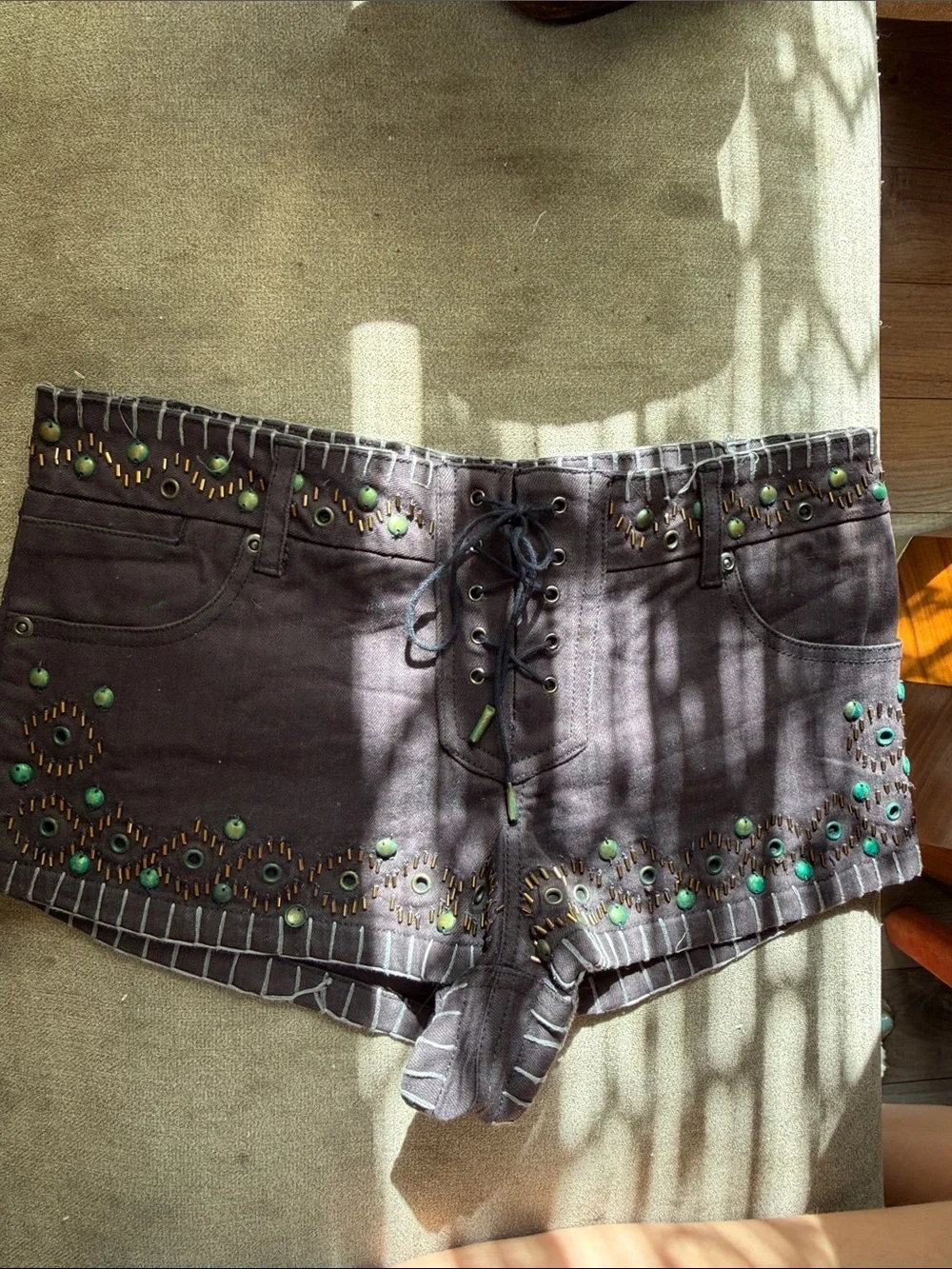 Kate Moss x Topshop rock & roll Embellished studded Lace-Up denim Shorts y2k